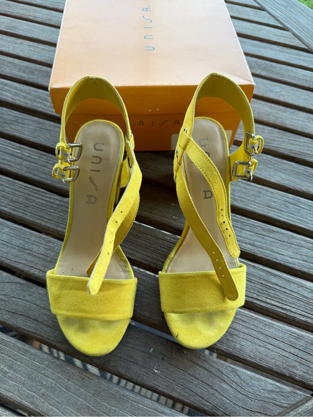 Unisa Yellow Suede Open-Toe Slingback Heels